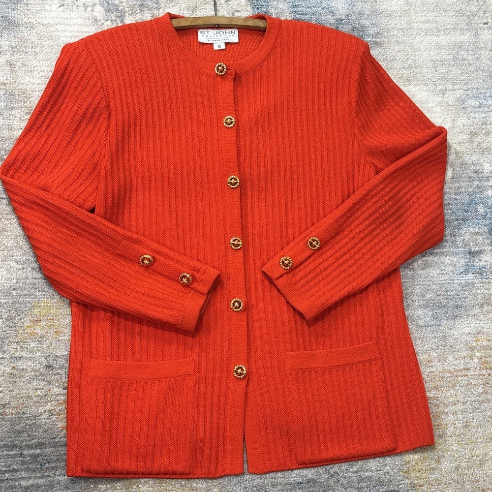 St. John Collection By Marie Gray Orange Knit Jacket Blazer Gold Buttons Luxe - Picture 2 of 13